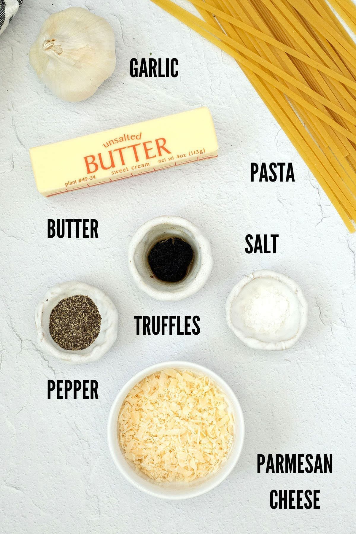 Truffles With Pasta 3 Labeled photo showing ingredients needed to make truffles with pasta.