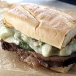 Leftover Prime Rib Cheesesteak on parchment paper.
