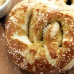 German Soft Pretzels on a wood serving platter.